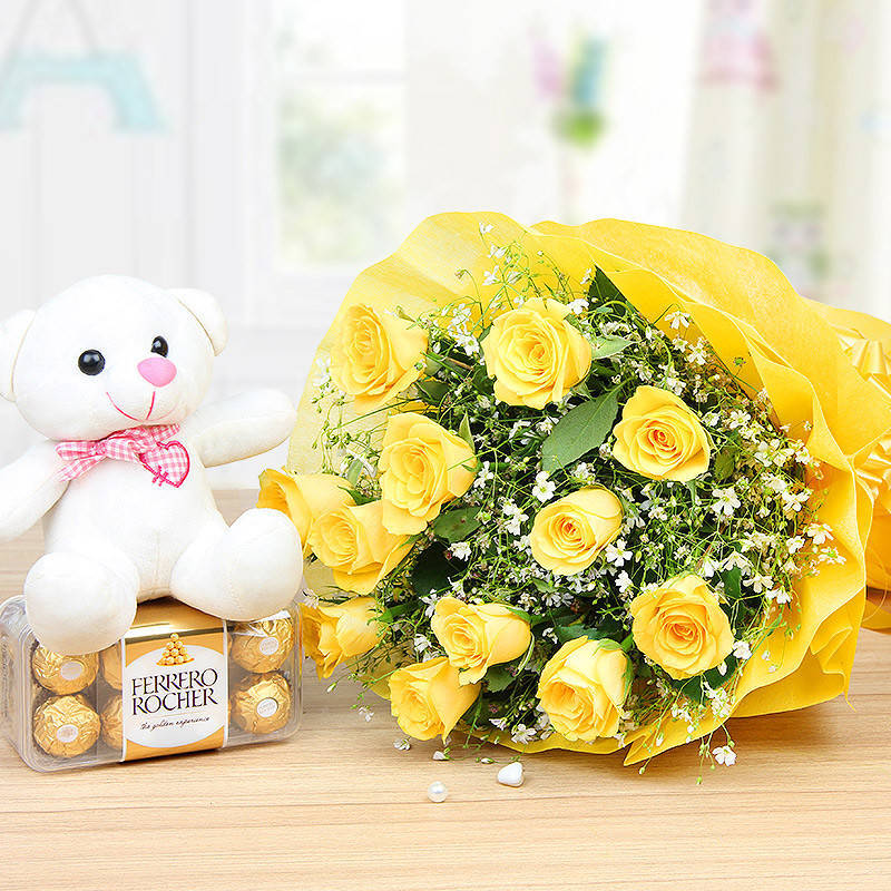 yellow roses with teddy