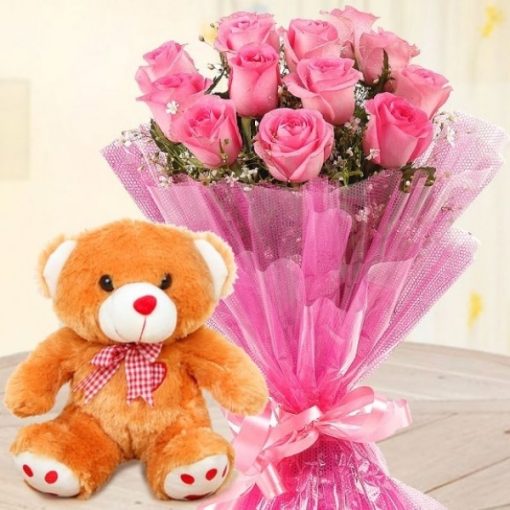 Teddy with Pink Bouquet-0