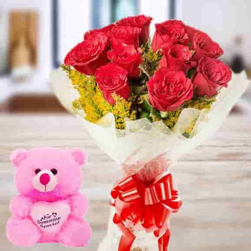 Red Rose & Cute Pink Teddy